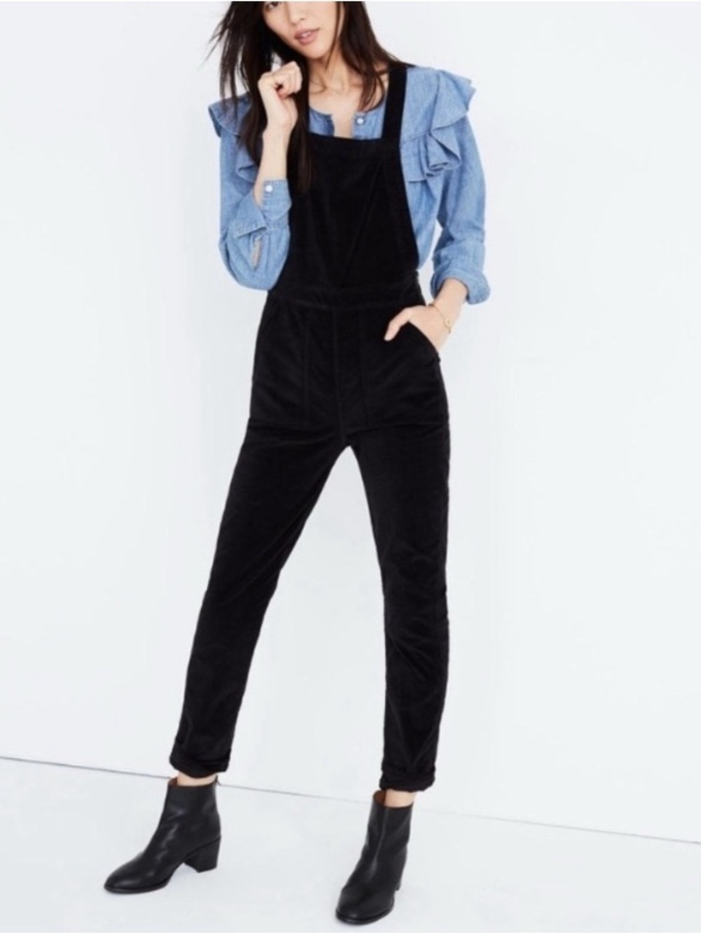 Madewell Black Velvet Skinny Stretchy Overalls w/ Side Zipper and Pockets - S